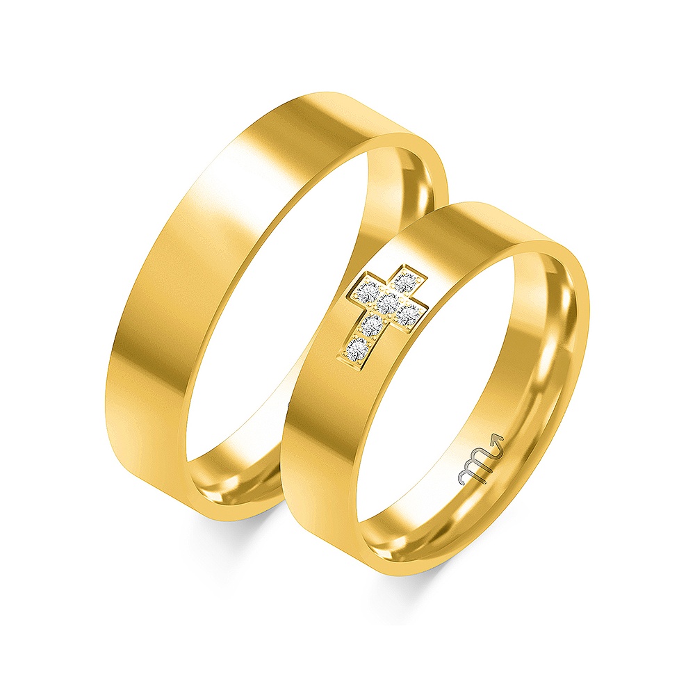 Złote Obrączki 5mm Krzyżyk z Diamentami pr.585